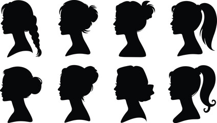 Women Hairstyle Silhouette Collection Featuring Female Profile Portraits with Various Hair Styles Vector Set © MstShahin