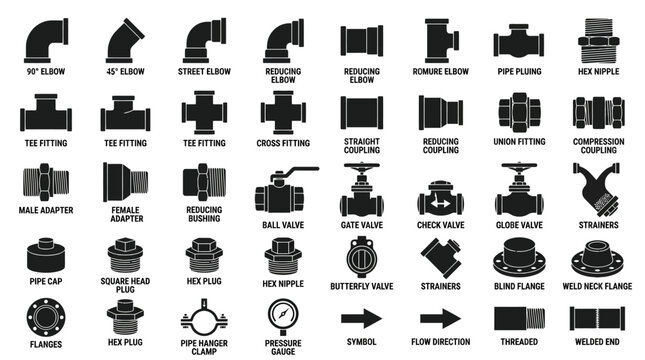 Extensive Collection of Plumbing Fittings and Water Pipe Components Outline on an isolated white background