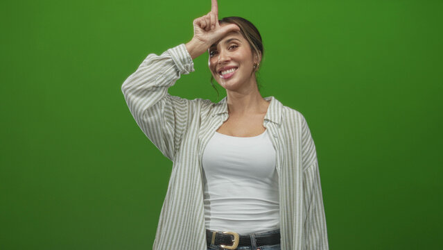 Woman makes l sign with hand on forehead, smiling while wearing white tank top and striped overshirt in a green screen studio; playful teasing.