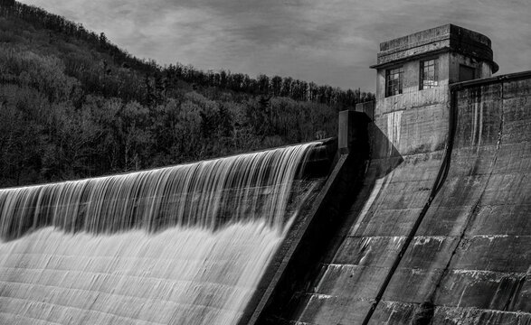 Water overflowing dam at Sugar Hollow Reservoir near Charlottesville, Virginia