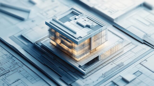 A digital 3D building model showcasing architectural design and layout on top of blueprints. The high-tech illustration represents modern building information modeling (BIM) technology.