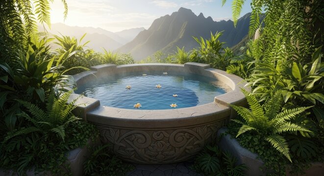 Ancient stone pool in a lush tropical jungle.