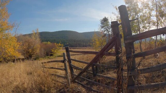 Rustic Ranchland Gate in Autumn 4K UHD. Ranchland and autumn trees on a sunny day. 4K, UHD.
