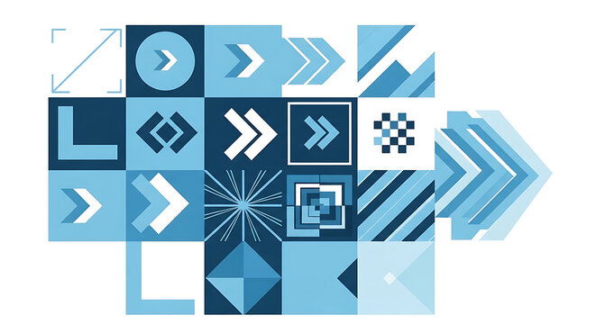 Set of blue geometric arrow icons and graphic design symbols arranged in grid pattern with geometric collection direction template abstract navigation minimalist