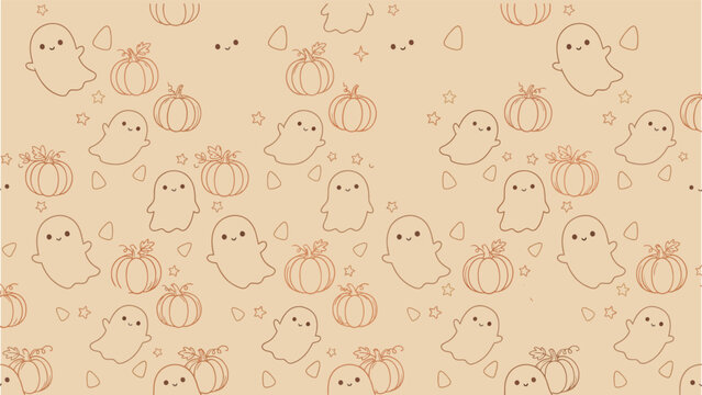 Kawaii halloween pattern with ghosts and pumpkins seamless repeat design