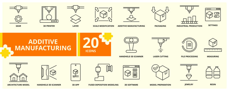 additive manufacturing icon set vector illustration. Containing icon of layer, laser cutting, packaging, handheld 3d scanner, jewelry and more. Outline icon symbol collection