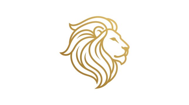 Elegant lion head logo in minimalist golden line art style, corporate identity monogram of a proud lion profile for luxury hotel, investment banking, legal firm, or real estate trademark