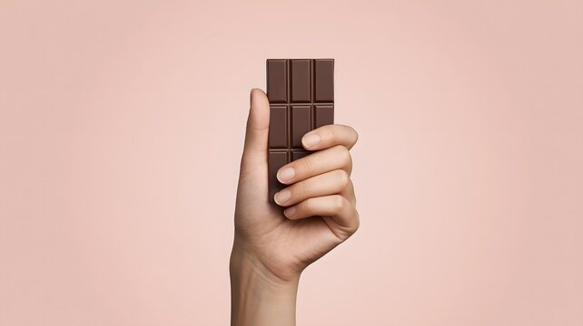 Close-up of hand holding chocolate bar against pink background