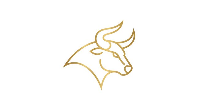 Elegant bull head logo in minimalist golden line art style, corporate identity monogram of a powerful taurus for stock market investment, financial firm, or wealth management trademark