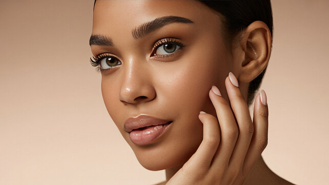 Close-up Portrait of a Young Woman with Clear Skin and Natural Makeup