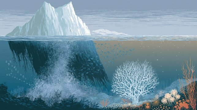 Split-view Arctic seascape showing a towering iceberg above and its dark underwater keel below, with a sediment plume, krill swarms, cold-water coral, and seafloor organisms adapting to new light and