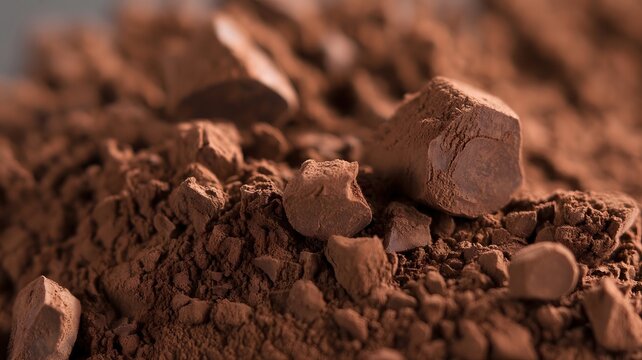 Close-up of Crumbled Dark Chocolate Pieces on Brown Surface