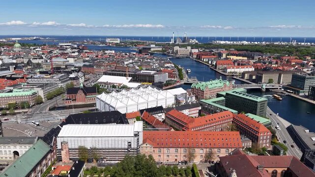 Drone ascending over the city center of Copenhagen, Denmark