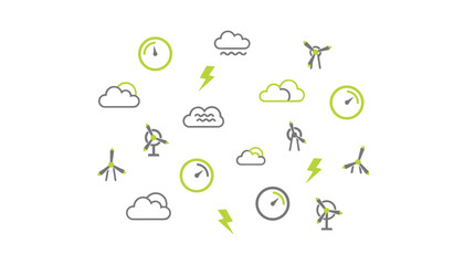 Fototapeta premium Meteorological and renewable energy icons illustrating wind turbines and weather conditions to visualize climate data and green power generation.
