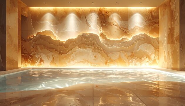 Luxury indoor spa pool with backlit onyx wall, wide shot of modern wellness facility, realistic photo with warm golden lighting in high-end interior.