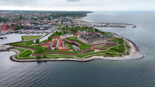 Aerial view of Kronborg Castle over moat and sea, Helsingor, Denmark