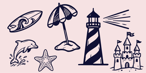 Nautical beach vacation icons set featuring surfboard umbrella lighthouse dolphin starfish and sandcastle hand drawn vector illustration collection ocean marine  © Afiya bano
