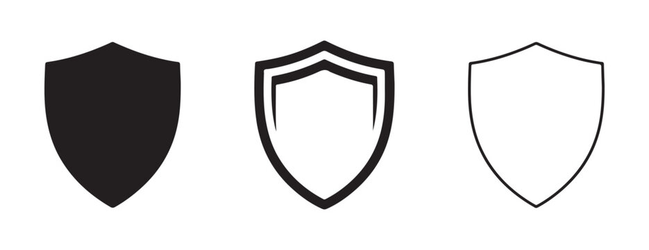 Set of black and white shield icons in different styles for protection and security concepts  various shield shapes and designs