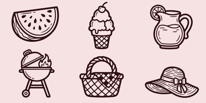 Summer picnic items collection featuring watermelon ice cream lemonade pitcher BBQ grill basket and sun hat hand drawn vector illustration art design
