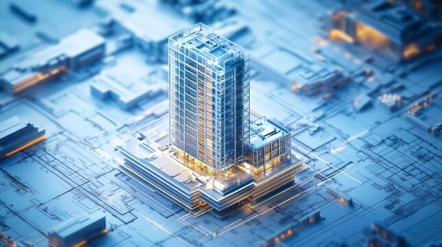 A digital 3D building model showcasing architectural design and layout on top of blueprints. The high-tech illustration represents modern building information modeling (BIM) technology.