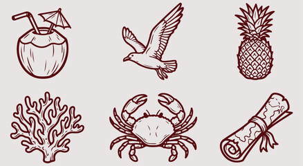 Tropical beach icons set featuring coconut drink seagull pineapple coral reef crab and rolled map hand drawn vector illustration collection nature vacation adventure  © Afiya bano
