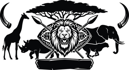African safari emblem with roaring lion head shield spears acacia tree elephant giraffe and rhinoceros vector illustration © MstAnjuAra