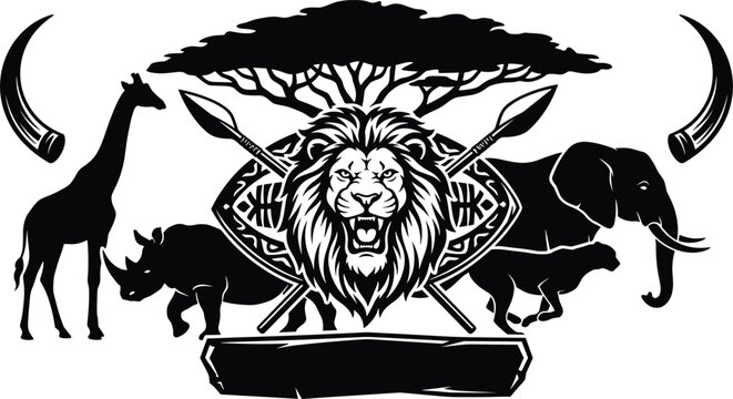 African safari emblem with roaring lion head shield spears acacia tree elephant giraffe and rhinoceros vector illustration