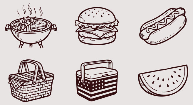 Summer picnic food icons set featuring barbecue grill hamburger hot dog wicker basket cooler and watermelon slice hand drawn vector illustration collection outdoor feast
