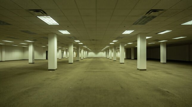 Empty Fluorescent Office Space with Surreal Layout