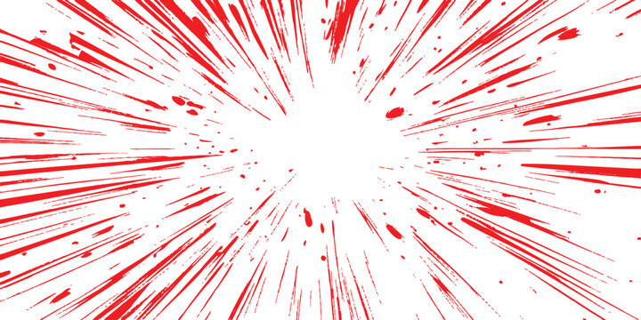 Vibrant red radial action lines with ink splatter and fast motion zoom effect vector illustration.