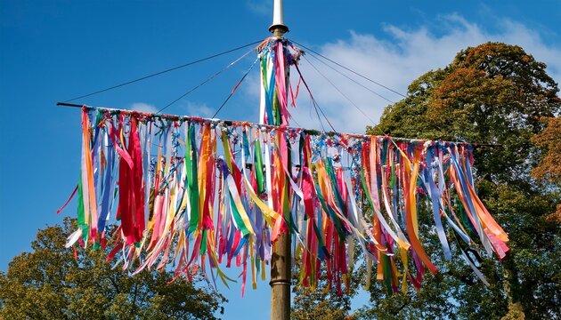 vibrant streamers decorating a traditional english maypole festivity