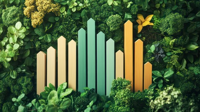A sustainability report displaying environmental impact metrics using bar graphs and reduction goals.