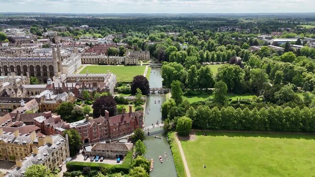 Aerial view of punting along the River Cam, Cambridge city, United Kingdom