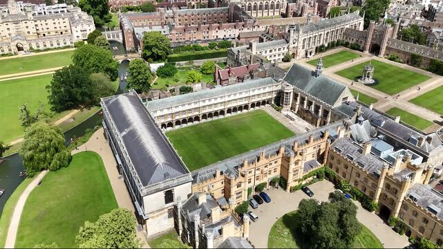 Drone shot of Trinity College, Cambridge city, United Kingdom
