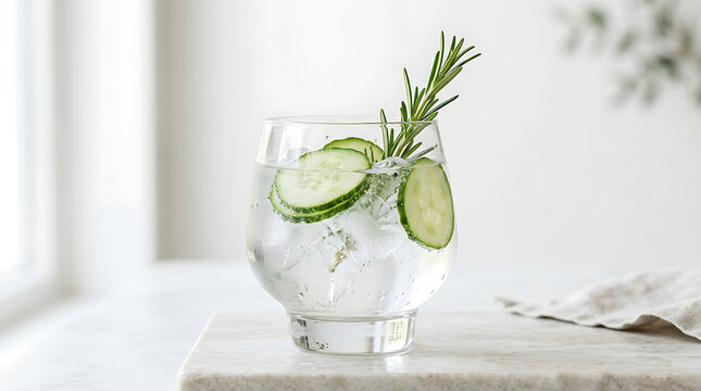 Refreshing gin and tonic cocktail with cucumber slices and rosemary sprig isolated on a transparent background