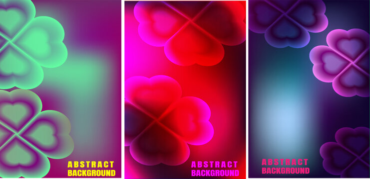 Abstract clover background set, neon floral pattern with glowing four leaf clovers, vibrant green red and purple gradient poster templates