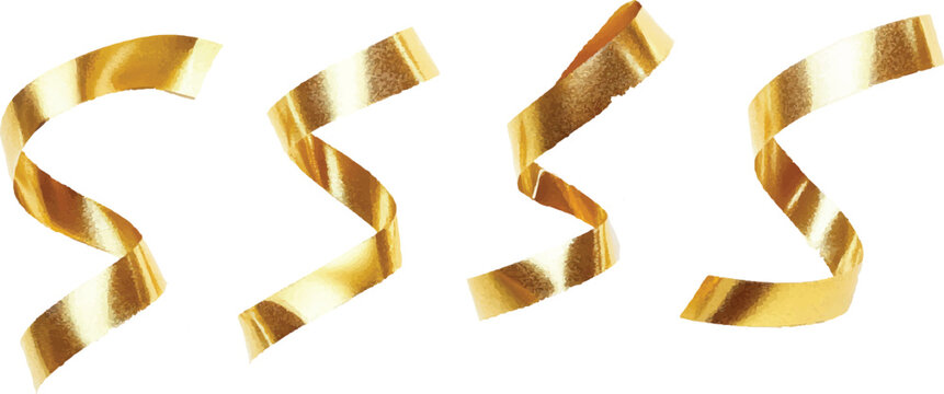 Collection of curly golden ribbons elements for celebration design on white background template vector illustration.