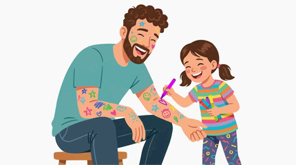 Fototapeta premium Joyful Father and Daughter Drawing Temporary Tattoos on Arm with Markers Vector