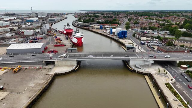 Aerial view of Herring Bridge over River Yare, Great Yarmouth, Norfolk, UK