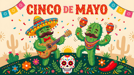 Naklejka premium Cinco de mayo celebration background, with two happy, cacti playing guitar, and maracas, a, sugar skull, chili, pepper, and bunting, on beige surface