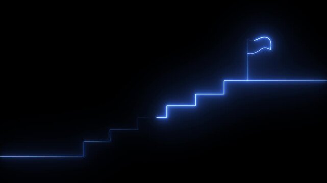 Blue Glowing Neon Staircase Leading to a Flag: Path to Business Success and Achievement.