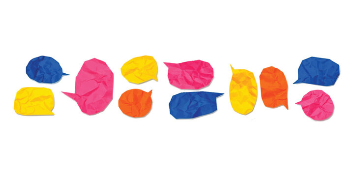 Colorful crumpled paper speech bubbles and thought clouds for communication and chat concepts