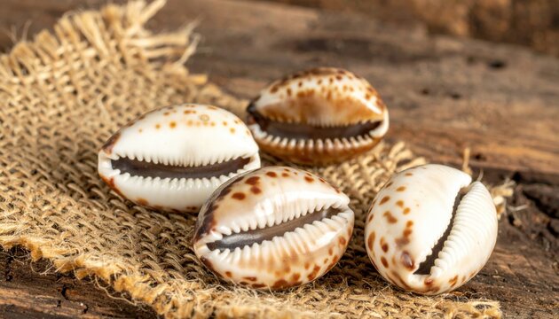 Several polished cowrie shells with intricate patterns and distinct markings resting on a textured woven surface, showcasing their natural beauty.