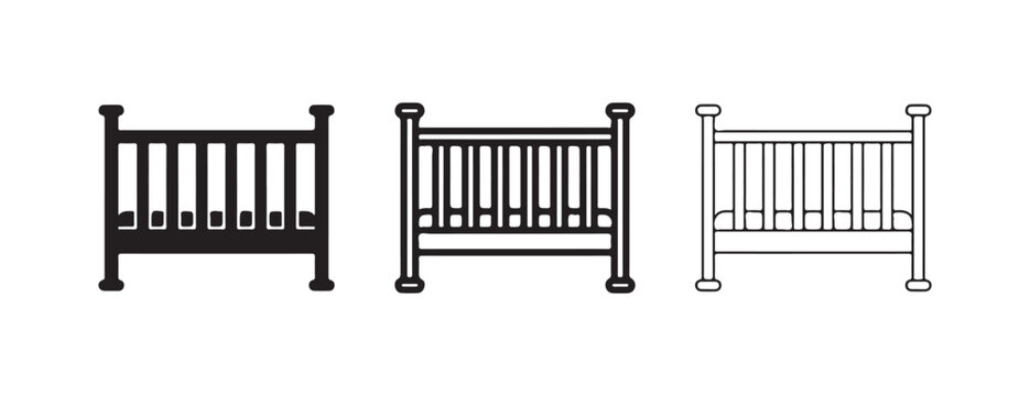 baby cots with slatted sides and rounded posts  black solid filled outline and line art on white background