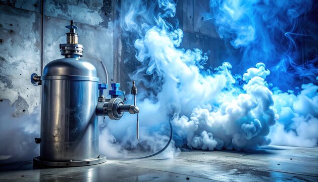 Swirling blue and white vapor of nitrogen gas escaping from a metal cryogenic tank