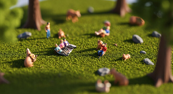 Miniature toy people and animals relaxing in a tiny grassy park world