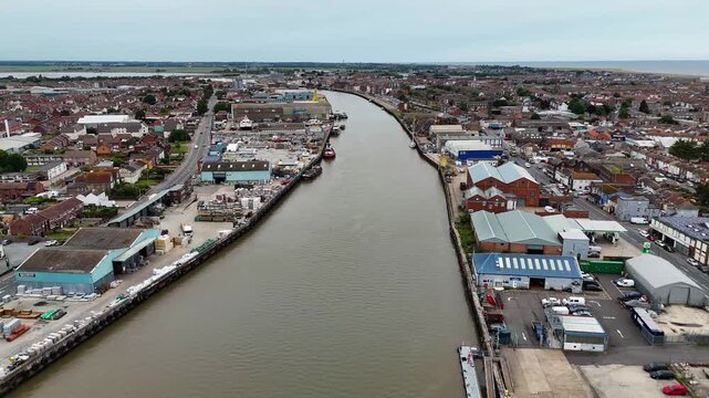 Aerial view of River Yare industrial waterfront, Great Yarmouth, Norfolk, UK