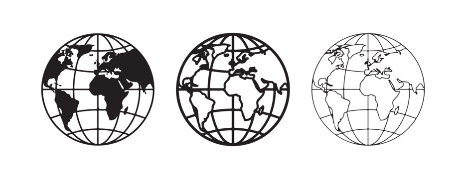 globe icons with grid lines and continents on white background