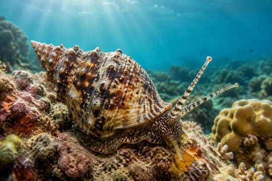 Triton snail extending its tentacles on a coral reef with a visible spiral shell.