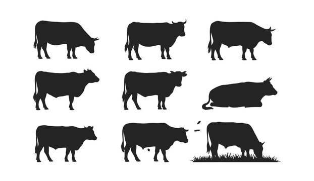 Cow And Bull Silhouette Vector Set Featuring Horned Zebu Cattle Grazing, Walking And Lying Poses For Livestock, Farm, Agriculture And Branding Designs.